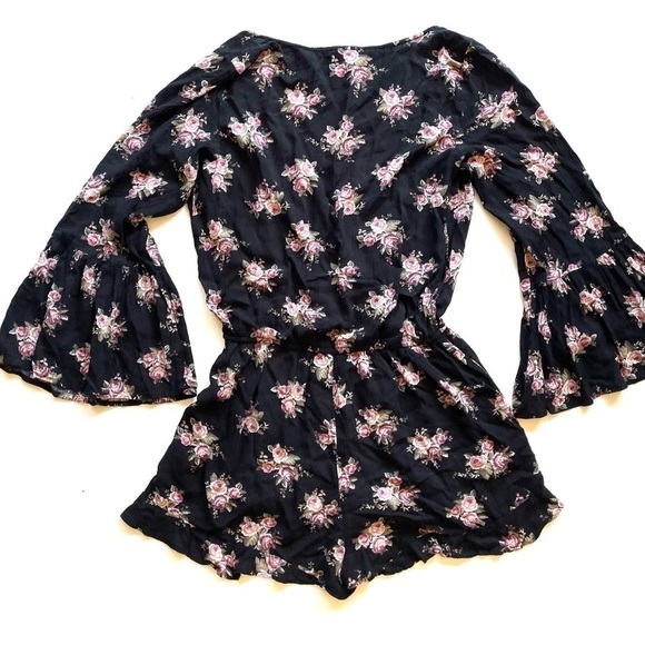 American Eagle Outfitters Pants - AMERICAN Eagle Floral Print Faux Wrap Long Bell Sleeve Romper Black Pink Size M
